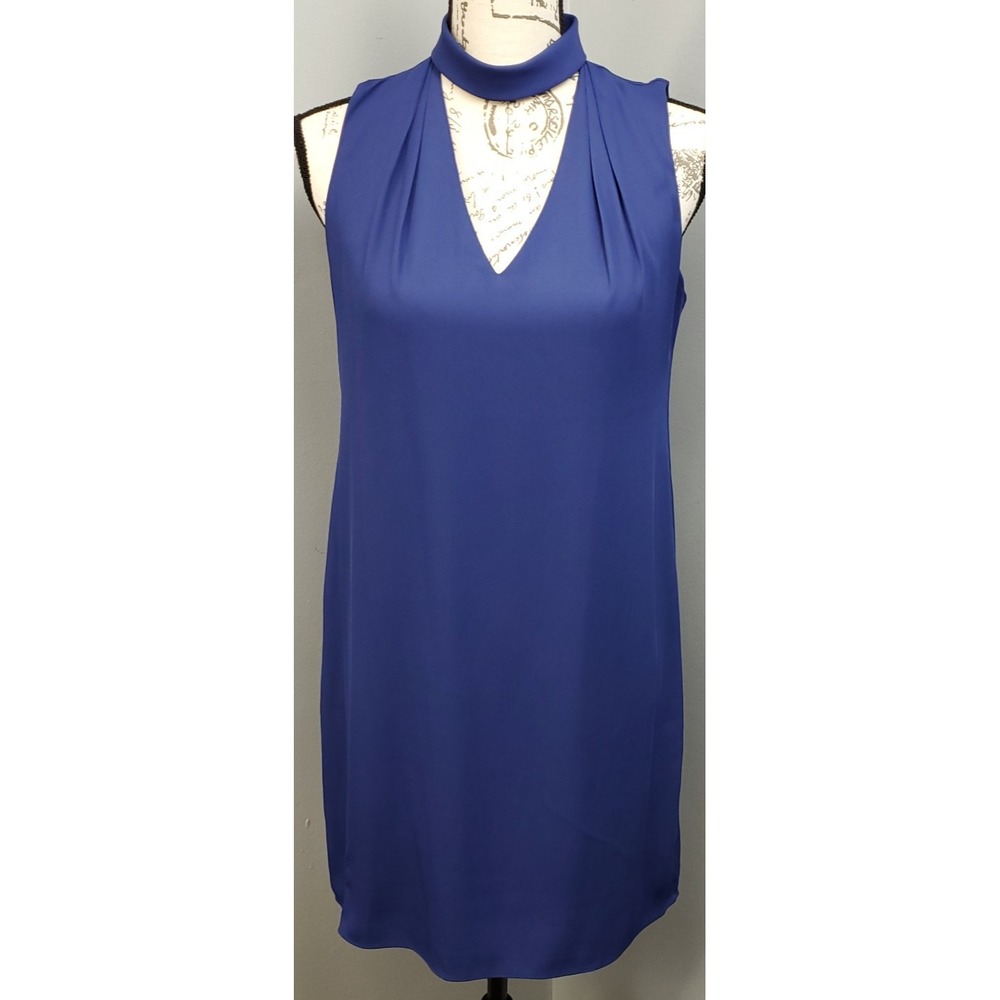 White House Black Market Shift Dress Womens 2 Blue Choker V-Neck Office Career